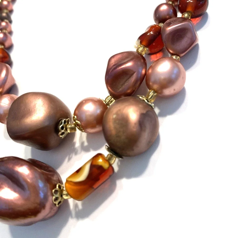 Vintage Mid Century Double Strand Necklace Purple Lavender Abstract Beaded Japan